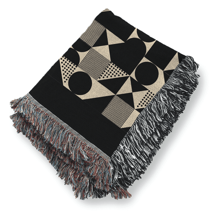 Mid Century Modern Woven Blanket, 100% Cotton, Black and Beige Minimalist Throw Couch Blanket, Abstract Geometric Pattern, Christmas Gift