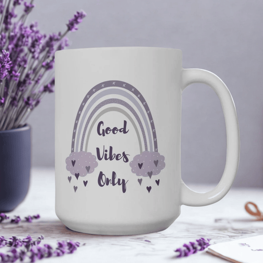 Purple Rainbow Hearts Good Vibes Only Ceramic Mug, Cute Coffee Cup, Gift for Her, Cute Tea Cup, BPA Free Ceramic Mug 11oz/15oz
