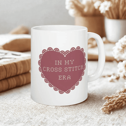 Charming Ceramic Mug for Cross Stitch Lovers with Heart Design, In My Cross Stitch Era, Gift for Her, Coffee Lover's Essential