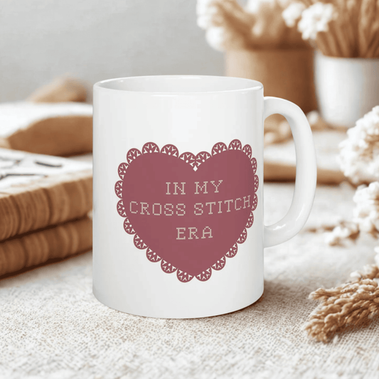 Charming Ceramic Mug for Cross Stitch Lovers with Heart Design, In My Cross Stitch Era, Gift for Her, Coffee Lover's Essential