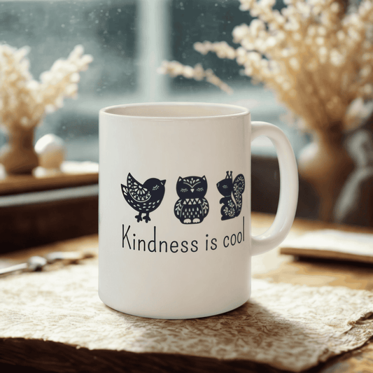 Kindness Mug - Cute Scandinavian Animal Design for Coffee Lovers, Kindness is Cool Ceramic Tea Cup 11oz/15oz, BPA Free