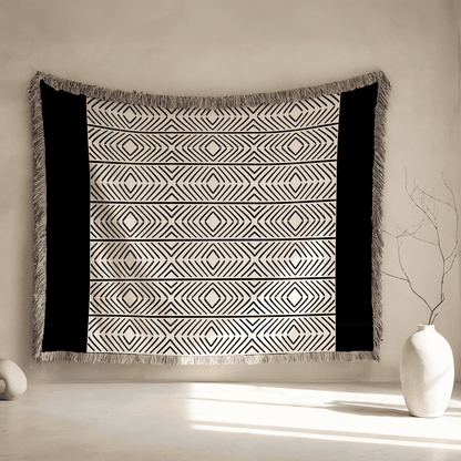 Woven Blanket Chevron Pattern, 100% Cotton, Minimalist Beige and Black Throw Blanket, Boho Wall Hanging, Housewarming, Christmas Gift