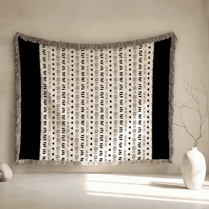 Woven Blanket, Wall Decor, Minimalist Throw Blanket, 100% Cotton, Beige and Black Blanket, African Tribal Pattern, Housewarming, Christmas