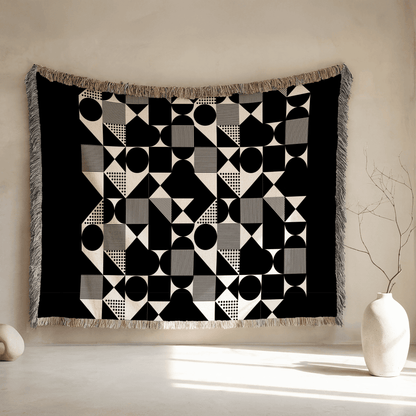 Mid Century Modern Woven Blanket, 100% Cotton, Black and Beige Minimalist Throw Couch Blanket, Abstract Geometric Pattern, Christmas Gift