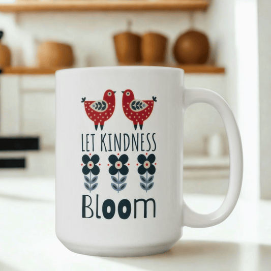 Kindness Mug - Let Kindness Bloom, Scandinavian Nordic Bird and Flower Design, Coffee Lover Gift, Tea Cup, BPA Free Ceramic Mug 11oz/15oz