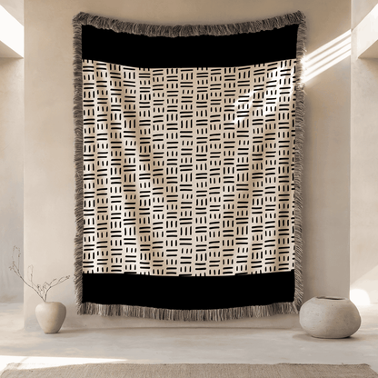 Minimalist Woven Blanket in Aztek Pattern, 100% Cotton Throw Blanket, Black and Beige Home Decor, Housewarming, Christmas, Birthday Gift