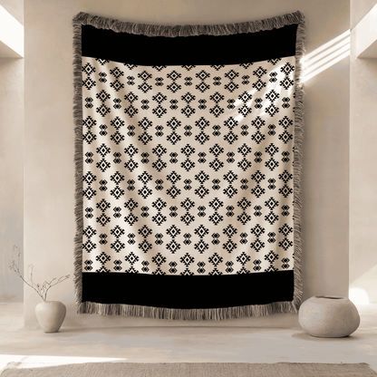 Woven Blanket African Tribal Pattern, 100% Cotton, Black and Beige Minimalist Boho Throw Blanket, Wall Hanging, Housewarming, Christmas Gift