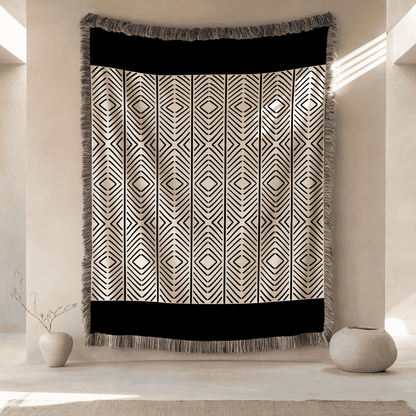Woven Blanket Chevron Pattern, 100% Cotton, Minimalist Beige and Black Throw Blanket, Boho Wall Hanging, Housewarming, Christmas Gift