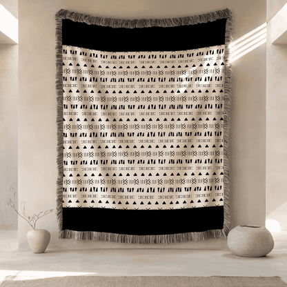 Woven Blanket, Wall Decor, Minimalist Throw Blanket, 100% Cotton, Beige and Black Blanket, African Tribal Pattern, Housewarming, Christmas