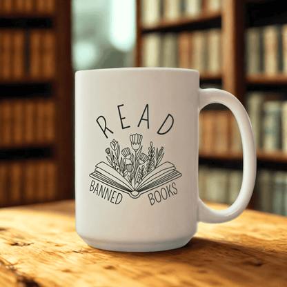 Ceramic Mug, Book Line Art with Flowers, Read Banned Books Coffee Cup, Literary Mug, Book Lover Gift, Library Decor, Bookworm Gift, Bookish