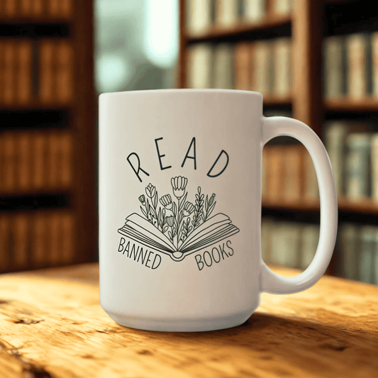 Ceramic Mug, Book Line Art with Flowers, Read Banned Books Coffee Cup, Literary Mug, Book Lover Gift, Library Decor, Bookworm Gift, Bookish