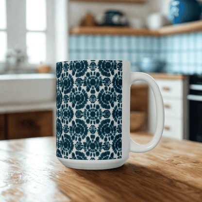 Teal Coffee Mug, Shibori Tie Dye Pattern Tea Cup, Boho Chic Ceramic Mug, Gifting, BPA Free Dishwasher Safe, Microwave Safe Coffee Mug