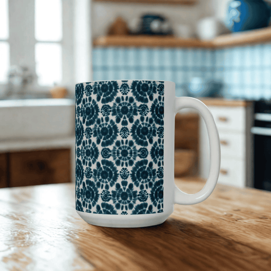 Teal Coffee Mug, Shibori Tie Dye Pattern Tea Cup, Boho Chic Ceramic Mug, Gifting, BPA Free Dishwasher Safe, Microwave Safe Coffee Mug