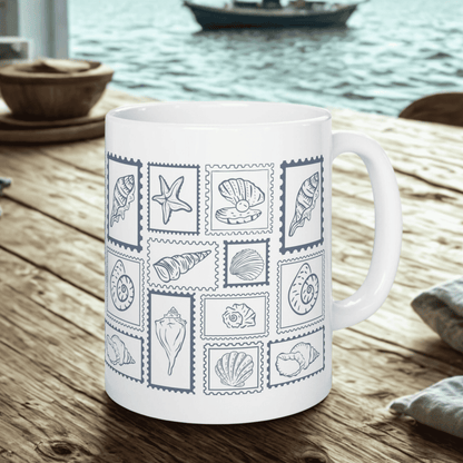 Shells & Stamps Ceramic Mug - Coastal Decor, Ocean Lover Gift, Nautical Kitchen, Beach House Essentials, Summer Vibes
