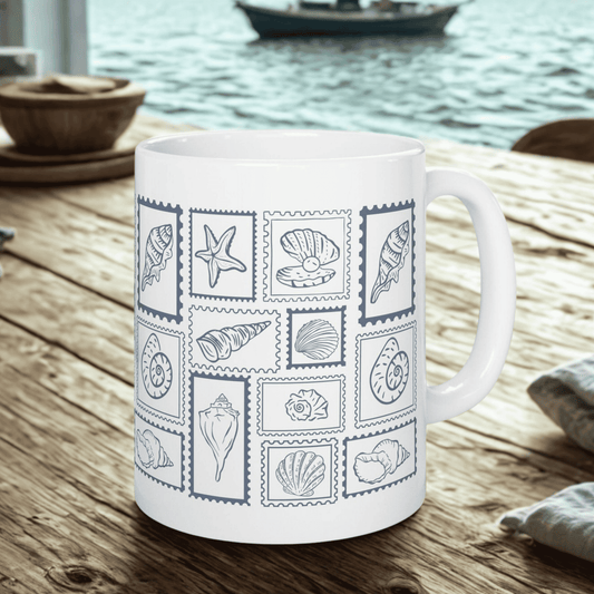 Shells & Stamps Ceramic Mug - Coastal Decor, Ocean Lover Gift, Nautical Kitchen, Beach House Essentials, Summer Vibes