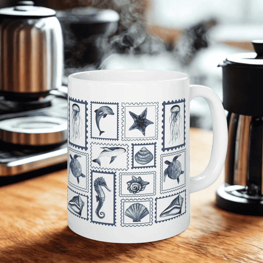 Nautical Ceramic Mug, 11oz and 15oz, Stamp Design Ocean-Themed Drinkware, Sea Life Coffee Cup, Coastal Decor, Ideal Gift for Marine Lovers