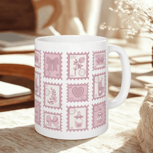 Pink Stamp Coquette Ceramic Mug, 11oz, 15oz - Gift for Her, Coffee Cup, Tea Lover's Gift, Kitchen Decor, Office Mug
