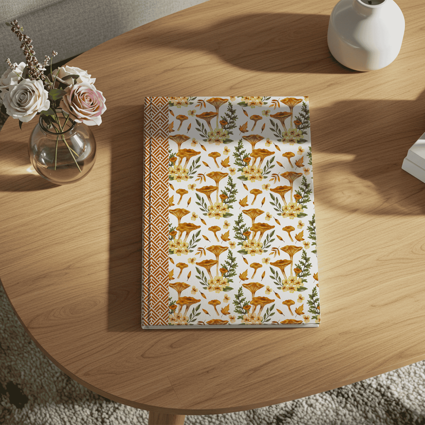 Autumn Themed Hardcover Matte Journal with Vibrant Mushrooms, Cute Yellow Flowers, and Botanical Elements