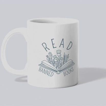 Ceramic Mug, Book Line Art with Flowers, Read Banned Books Coffee Cup, Literary Mug, Book Lover Gift, Library Decor, Bookworm Gift, Bookish