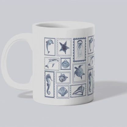 Nautical Ceramic Mug, 11oz and 15oz, Stamp Design Ocean-Themed Drinkware, Sea Life Coffee Cup, Coastal Decor, Ideal Gift for Marine Lovers